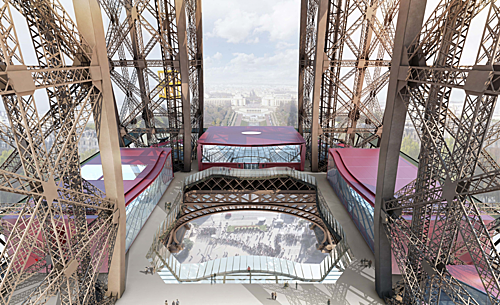 Từ năm 2014, mặt sàn tầng một của tháp Eiffel đã được thay bằng kính để tạo cảm giác mới lại cho khách tham quan. Ảnh: